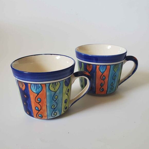 Pier 1 Hand Painted Large Stoneware Mugs Pair 16oz Multicolor Made in India - Picture 1 of 10